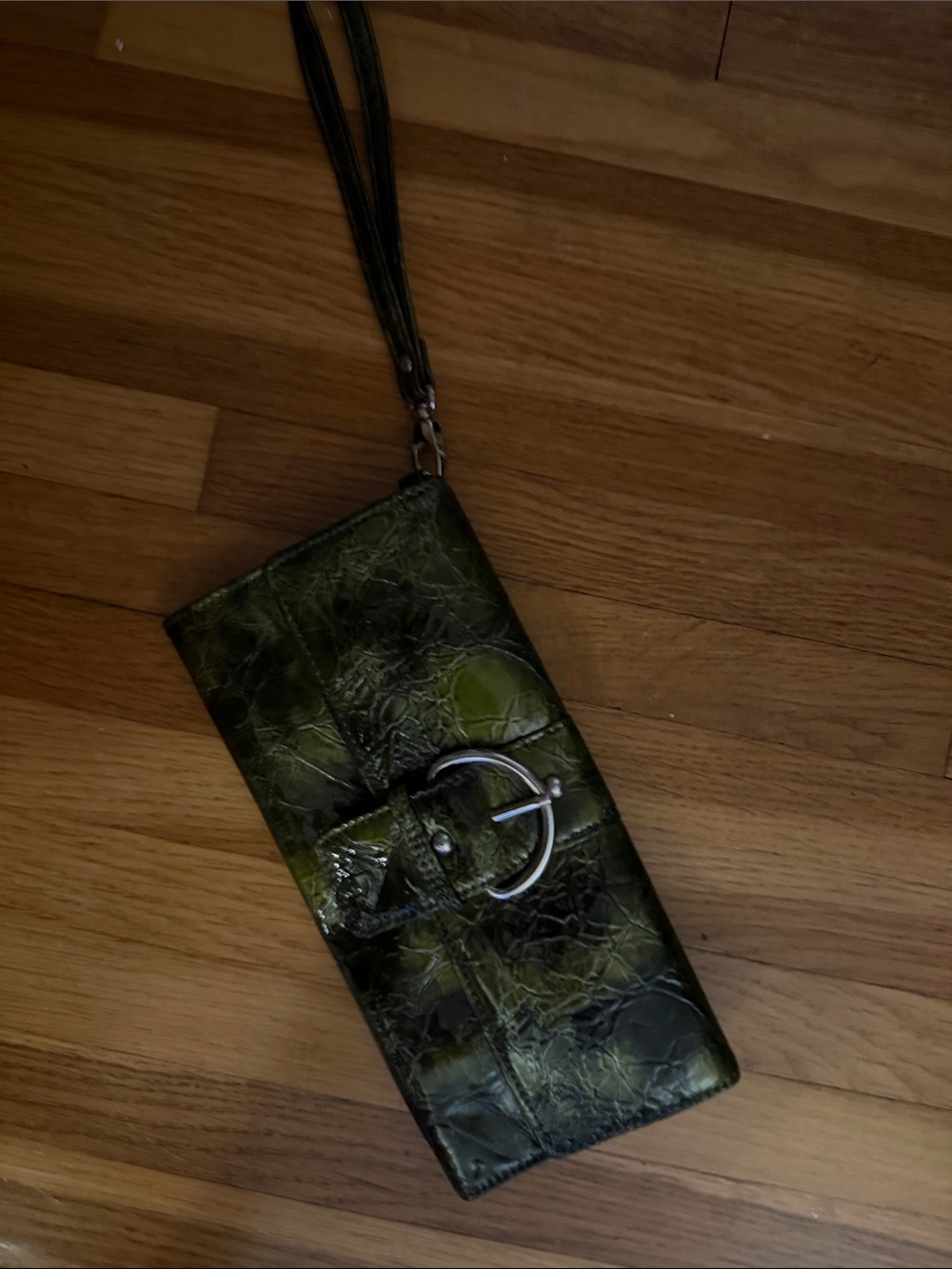 Olive Green Croc-Embossed Wristlet Clutch
